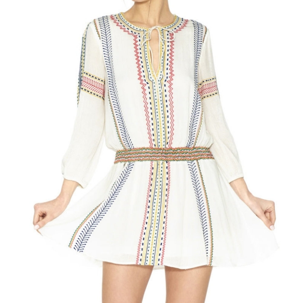 Chelsea and Theodore White Long Sleeve Colorful Smocked Embroidered Dress sz M
